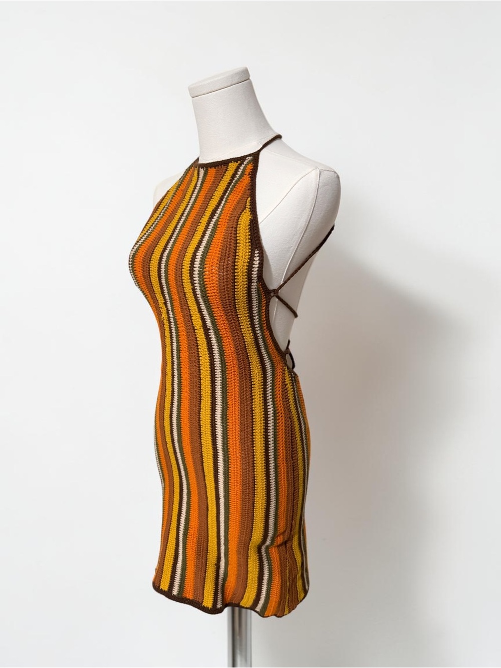 Forever 21 Orange, Yellow & Brown Striped Backless Halter Mini Dress